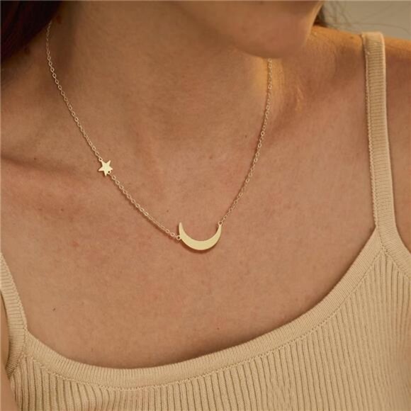 Gold Star & Moon Necklace | 14K Gold Plated Dainty Pendant | Adjustable - Picture 3 of 5